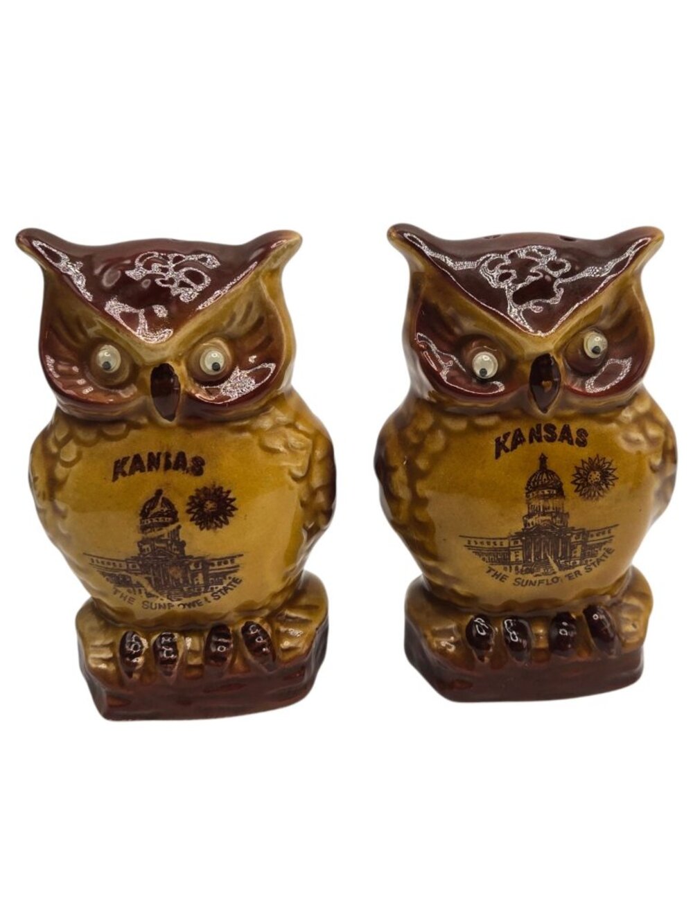 Vintage Owl Kansas Salt Pepper Shakers Sunflower Souvenir Yellow Brown Kitsch